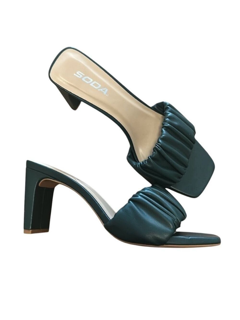 Soda Gathered Ruched Front Slip-On Mule Heeled Sandal in Forest Green